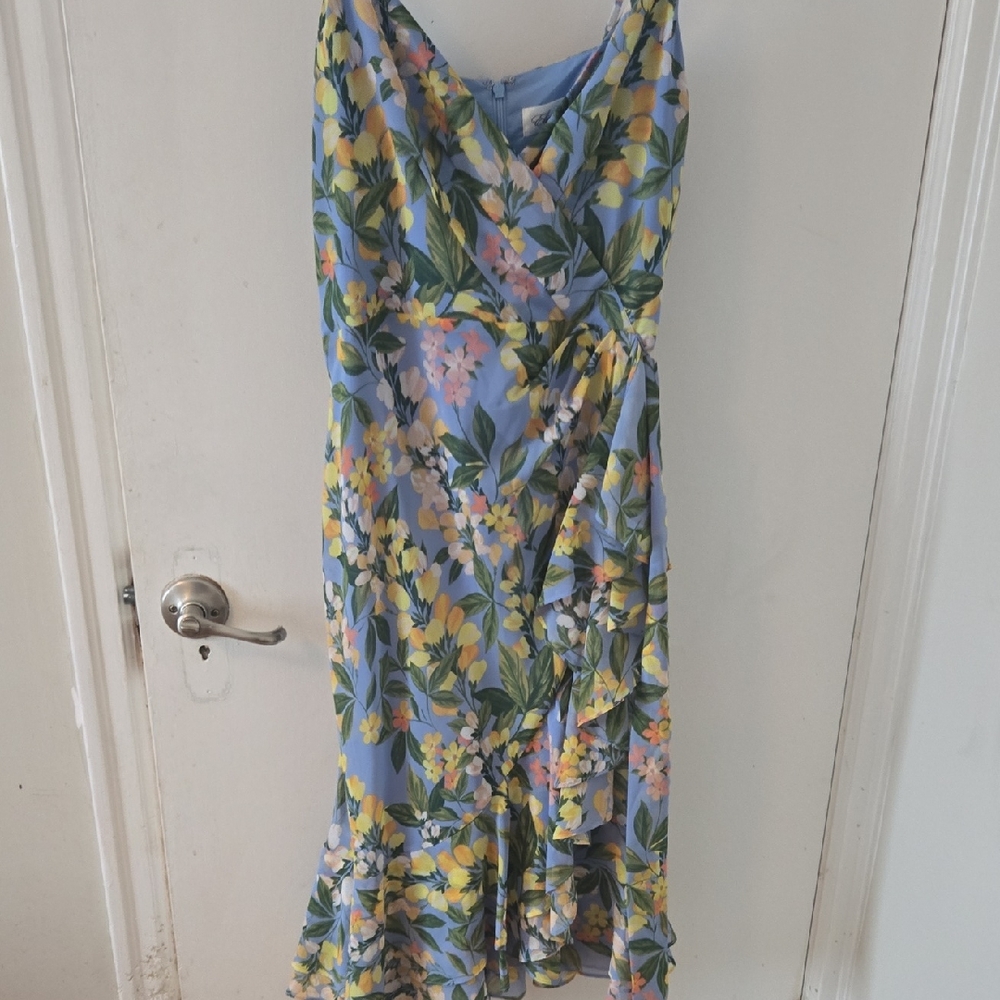 Eliza J Asymmetrical Floral Dress in Blue and Yellow